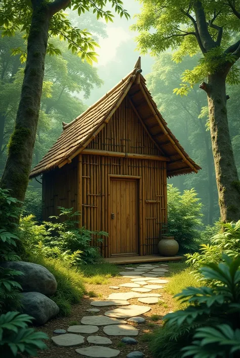 A bamboo hut in a forest