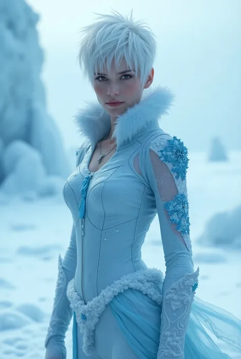 Ice princess with very short white hair ,  blood-red eyes, athletic,  clothes with details of snowflakes in blue colors and arm 