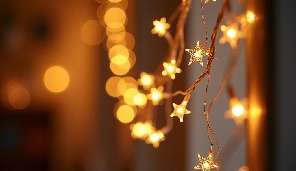 Fairy lights with sparkling bulbs, hanging along the wall or window. The camera focuses close-up on the soft glow, filling the room with a festive atmosphere.