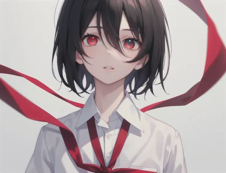 solo, looking at viewer, short hair, simple background, black hair, white background, 1boy, red eyes, hair between eyes, school uniform, white shirt, male focus, parted lips, collared shirt, black eyes, heterochromia, portrait