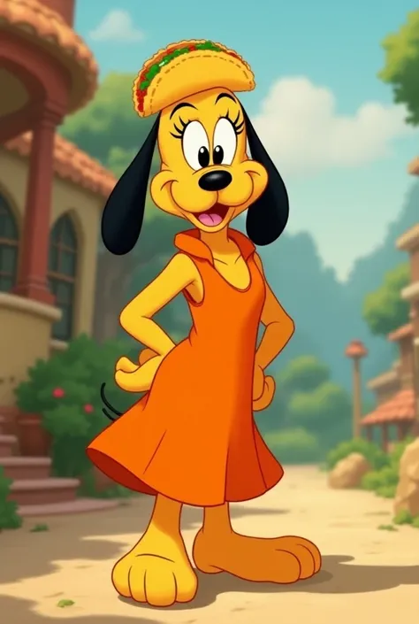  A friend of Minnie Mouse and Daisy,  who is a female dog , That she looks like Pluto that she wears an orange dress and that she stands and puts tacos on her like Minnie

