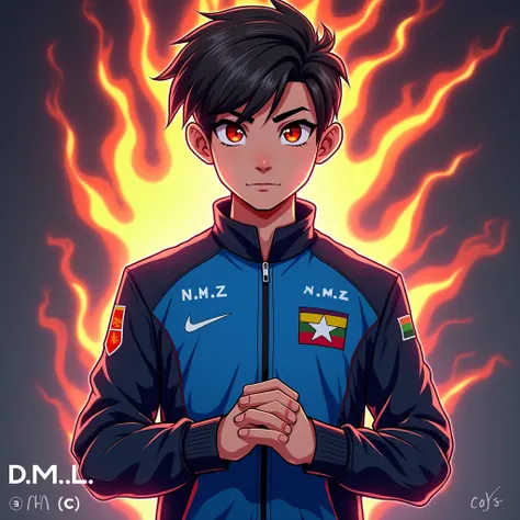 A young man is wearing a blue and black game jacket. "N.M.Z" was written all over his shirt. He had his hands folded. He was looking with sharp eyes. His eye was red and shining. Myanmar flag, flame and lightning are used as background. The logo "D.M.L" is...