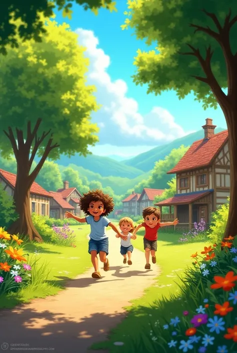 Village Scene:**
   - **Description:** A vibrant, green village with tall trees, colorful flowers, and ren playing. The sun shines brightly in the background.
   - **Purpose:** This scene sets the stage for the beginning of the story, where Rohan and his f...