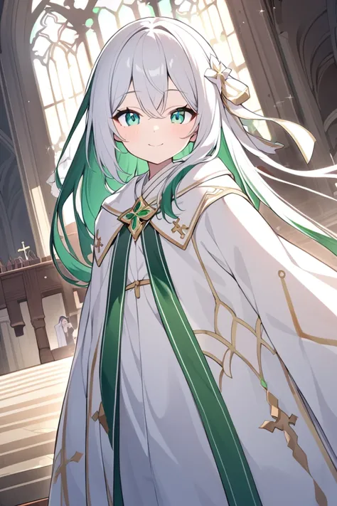 Dark green hair ，  waist-length hair ，Teenage Girl，White hair accessories，church，   Divine Robe   ，   A gentle smile，   emerald eyes，blacksnake