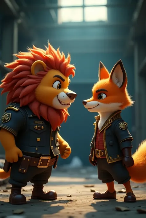 Officer Sheru Lion round face expensive shining eyes large fluffy hair and Nick fox round face expensive shining eyes wear it offers dress 
    - Confronting the Black Tiger
    - Action-packed, suspenseful atmosphere
- Background: Abandoned warehouse 3d p...