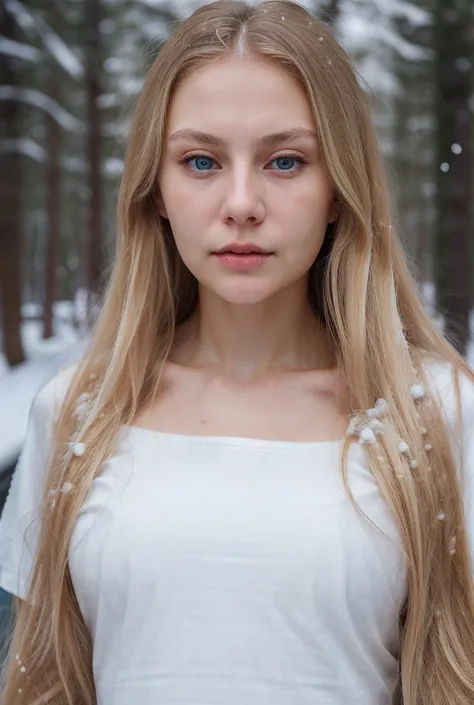 Russian girl, age 24, long straight blonde hairs, blue eyes, fair complexion, high cheekbone, gracious neckline, snow (8k, ultra-realistic, photography) (portrait, front view, face focus, detailed face) (t-shirt, round neck) (beautiful face, beautiful hair...