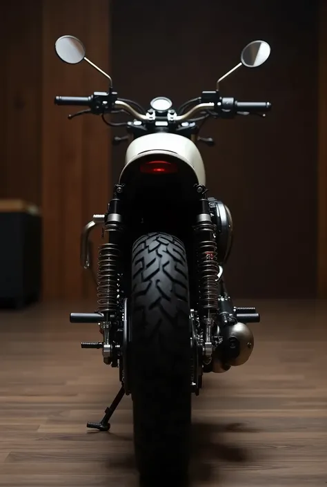 Back side view Honda CL 250 Scrambler motorcycle, displayed prominently in a showroom, exuding a sense of rugged elegance and adventure], [Product photography,  photorealistic with a touch of cinematic styling], [No specific artist reference needed; style ...