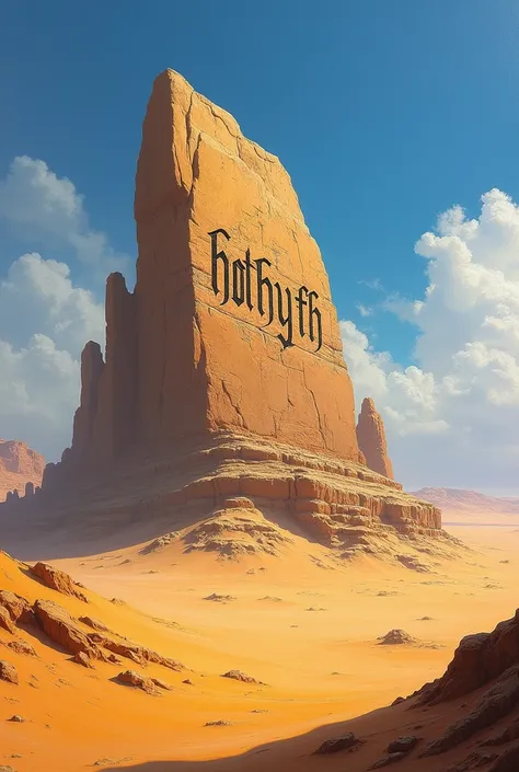 
 The painting appears in the middle of a wide desert, with sand dunes ranging in colors between yellow and orange under bright sunlight .  in the middle of the painting, there is a large rock mass, carved with the phrase  " HOTHYFH "  in a beautiful font,...