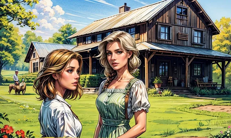 a close-up. 1 handsome middle-aged farmer; 3 sexy unique Caucasian farming daughters. all are wearing farming clothes and standing on the porch of a beautiful white farmhouse in the mid-west on a sunny afternoon, looking at you. a breeze is gently blowing ...