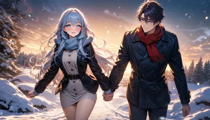  high res,  ultra high definition, HDR, masterpiece, pair, scarf, Stylish winter clothes , Walking hand in hand,  smiling sweetly , Snowy weather ., ((( high res))), (((Gojo Satoru))), Tall,  Blue sparkling pupils ,  Handsome Man,  girl, red long hair, Blu...