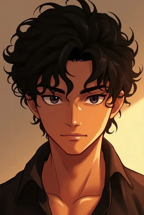 "Draw an anime character as a man, tanned skin, with black curly hair !!!. Highlight hair with curly appearance and warm skin color. Simple background to keep the focus on the character."