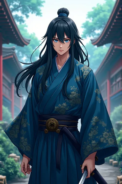  A Anime boy with long hair. The hair colour is black and i Colour is blue. He wear a japaness traditional male kimono and he is a samurai