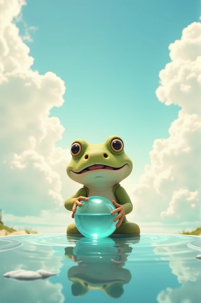 A toad-faced boy ,  playing with a water ball,  on a court in the clouds .