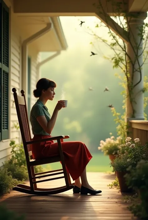  An album cover image that conveys nostalgia , Freedom and calm with one sipping coffee in your rocking chair on the porch of your house while watching the birds, Shes wearing an outfit from the 1950s 