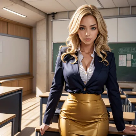 ((1 person)),(gentlemen),Teacher ,( photorealism :1.2),  美しいgentlemen ,  She is in a suit、Chest glimpse,  tight skirt,  Her blonde hair is slightly curly  , In the classroom,  