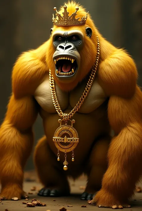 A golden gorilla with a golden crown and a gold grillz on the teeth with a large gold cord around the neck and with a large pendant written by Riogrillz in gold and black