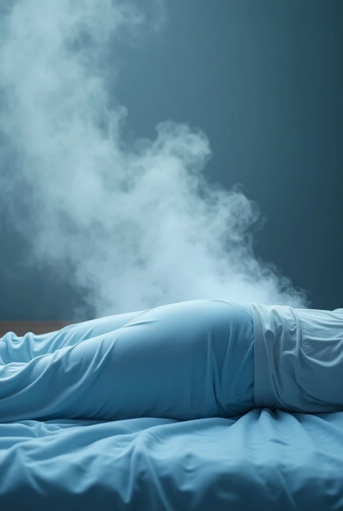  Draw a gentle vapor being expelled through the skin of the entire body lying down,  from feet to head .  The body is dressed in very light blue clothing . The vapor is very close to the body ,  up to about 3 centimeters away from the body . 