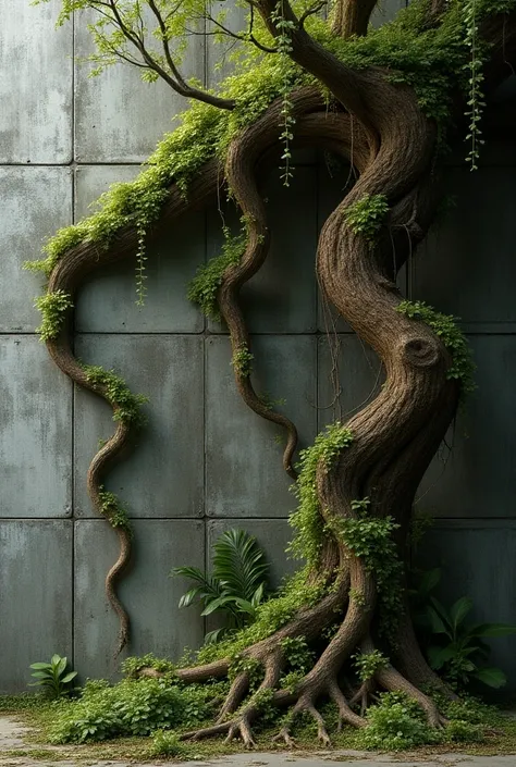 wood growing on a wall of concrete