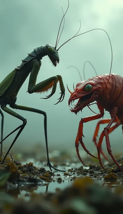 **Prompt:**  
In a vast, storm-swept marshland, the air crackles with tension as a **mantis** and a **shrimp** face off in a furious standoff. The mantis, its long, spindly legs tensed and its sharp forearms raised in a defensive posture, emits a low, reso...