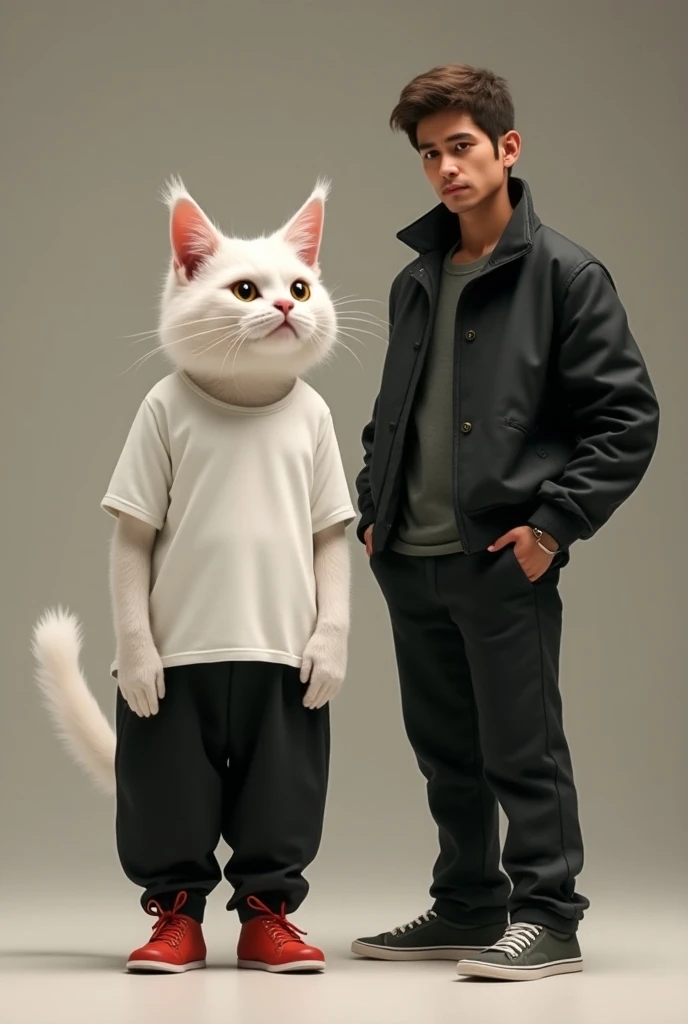 A little white cat, white T-shirt, black pajamas, red shoes, a man in a black jacket