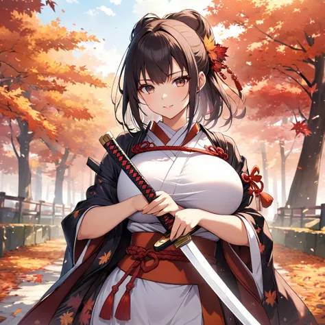 its autumn season on japanese kyo-to,a pretty samurai girl is holding a sword to her hands,big breasts