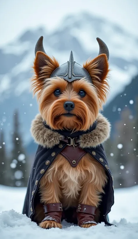 a cute Yorkshire dog viking  wearing viking outfit in the background of a snow mountain, snow rain