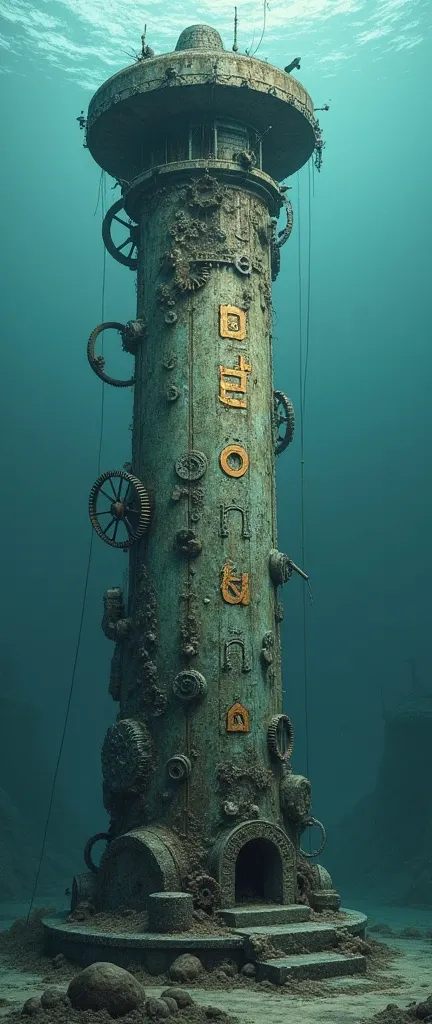 A column with marine symbols with cams and strange letters
