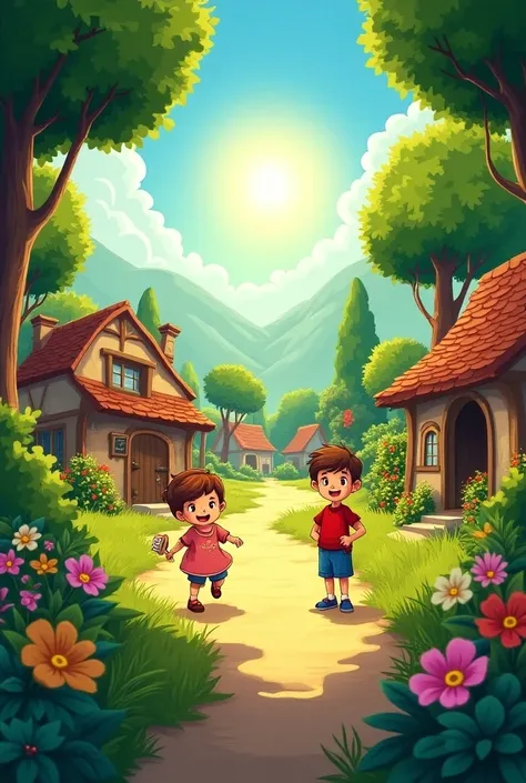 Village Scene:**
   - **Description:** A vibrant, green village with tall trees, colorful flowers, and  playing. The sun shines brightly in the background.
   - **Purpose:** This scene sets the stage for the beginning of the story, where and his  are 