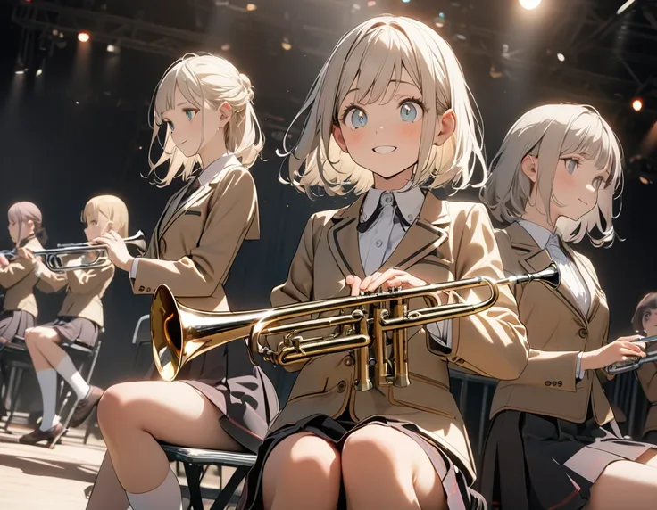 (8K, best quality, master piece: 1.2),super high resolution,symphonic band girls,10 people,13yo,school uniform,beige blazer,high socks, ballet shoes,playing trumpet,playing horns,sitting on a pipe chair,The group all have different hairstyles and hair colo...