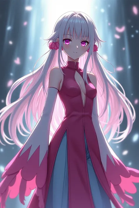 girl from 1.50 of the anime demon Slayer , very white skin color,  dark pink sleeveless hunting suit with a slit in the chest and long sleeves with tulips at the end, long white hair with pink tips ,  with bangs and very loose pants just as dark pink and l...