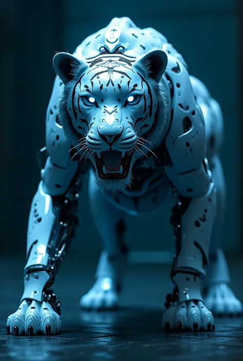 A lion with cyber head glowin neon blue metalic white face fused with tiger humanoid robot like face of iron man