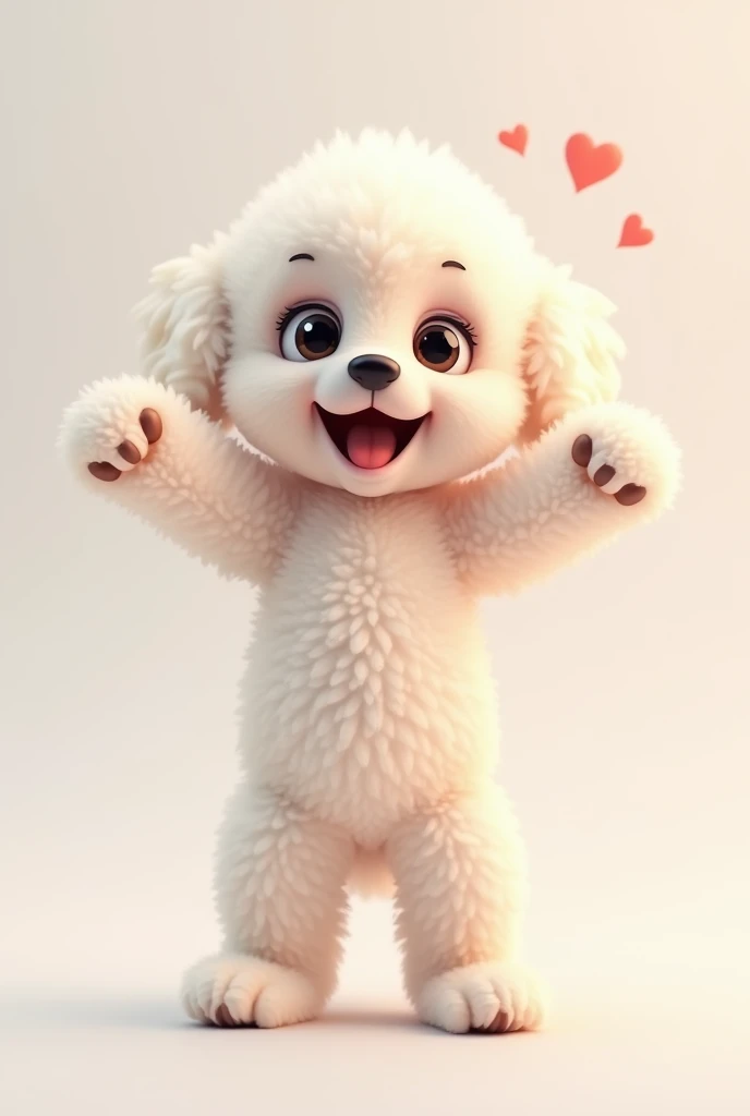 poodle、Raise your front legs、 Positive 、puppy、Color: White、 eyes are heart-shaped with arms outstretched 