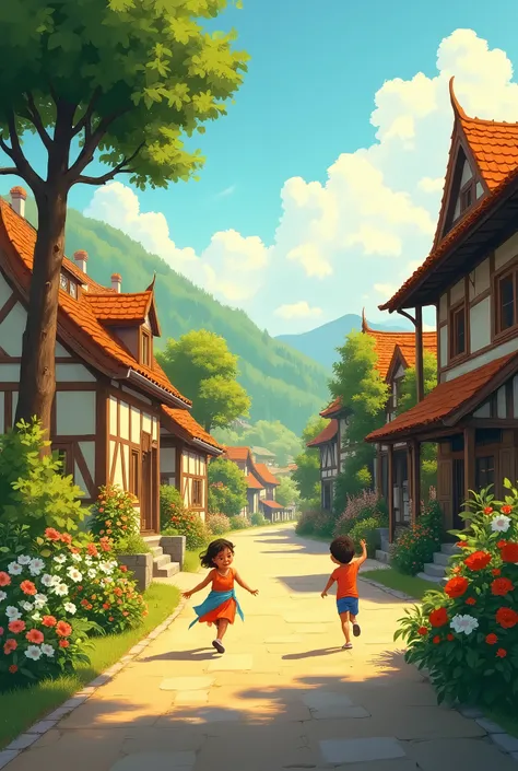 Village Scene:**
   - **Description:** A vibrant, green village with tall trees, colorful flowers, and  playing. The sun shines brightly in the background.
   - **Purpose:** This scene sets the stage for the beginning of the story,
