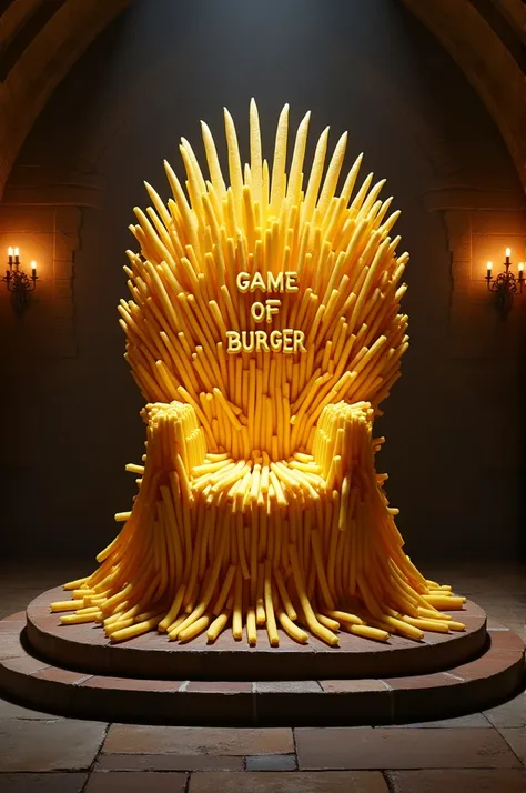 Create a throne made of French fries that recalls the GOT series and the writing on the back of the Game of Burguer chair 
