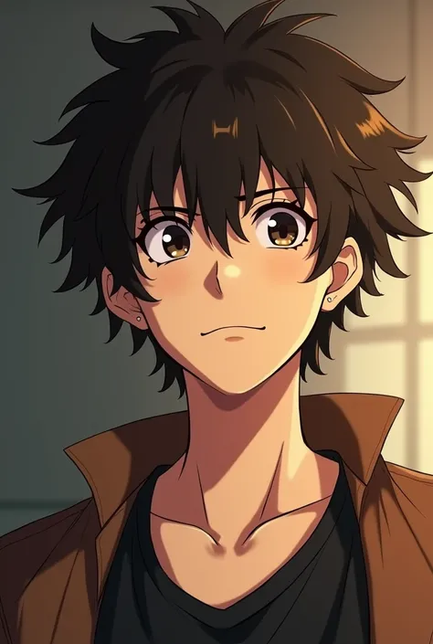 a close up of a man with a black shirt and a brown shirt, , handsome young man in the art of demon-killing ,  Anime portrait of handsome man , Anime handsome man ,  Kentaro Miuras cartoon style ,  He kept short brown curly hair , Art style of kentaro miura...