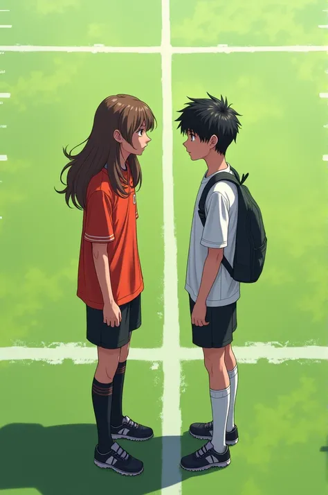 create an illustration of two guys standing on a football field midline looking at each other. theyre students. one guy has long brown hair, the other is taller and has mid length black hair.