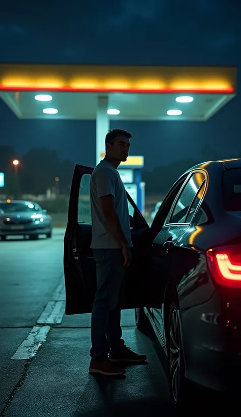 Image of a man going to sitting in a car in petrol pump night scene