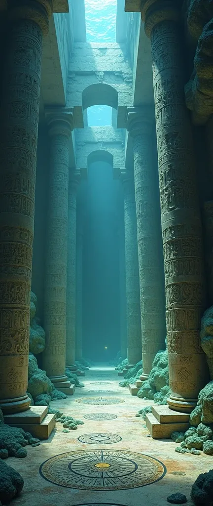 A large hall in Al-Mohit is full of long pillars with strange symbols, letters and words, with coral herbs covering it and symbols on the bottom of the sea