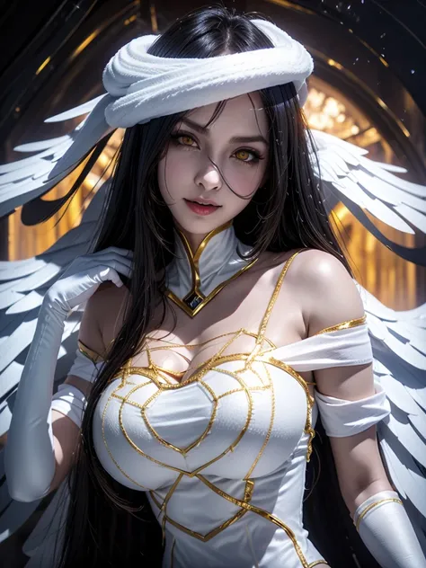 a (Surreal) beautiful  sexy wife (Albedo_monarch) and (glowing orange colour eyes and perfect detailing) And white clothes(  Details) and gold jewellery on breast,  Beautiful Breasts ( sexy),  Black Long Beautiful Hair , hyper  Details black devils wings (...