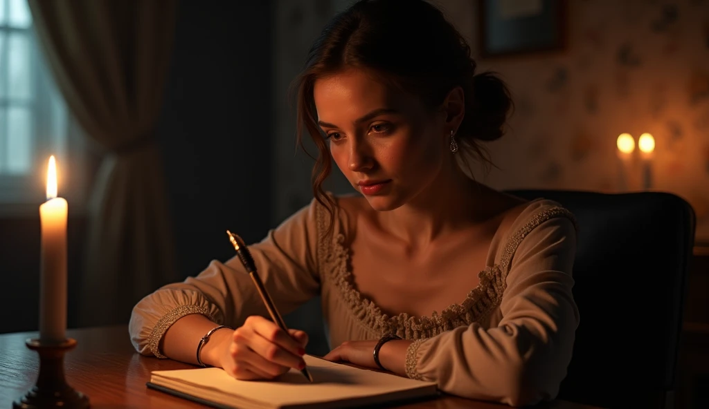  masterpiece , highest quality, UHD, 16K, realistic:  Woman writing in her personal diary in front of a burning candle, reflecting an atmosphere of calm and deep self-reflection .

