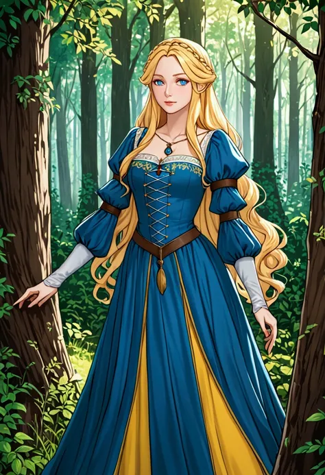 Long Blonde Women,  blue eyes ,  Medieval Dress,In the forest