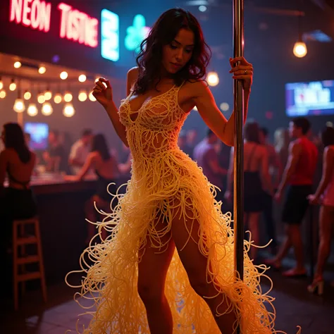 Imagine a surreal nightclub scene where a beautiful woman is performing a pole dance, wearing an avant-garde dress made entirely of chow mein noodles. The noodles flow like delicate strands, creating a textured, intricate design that moves fluidly with her...