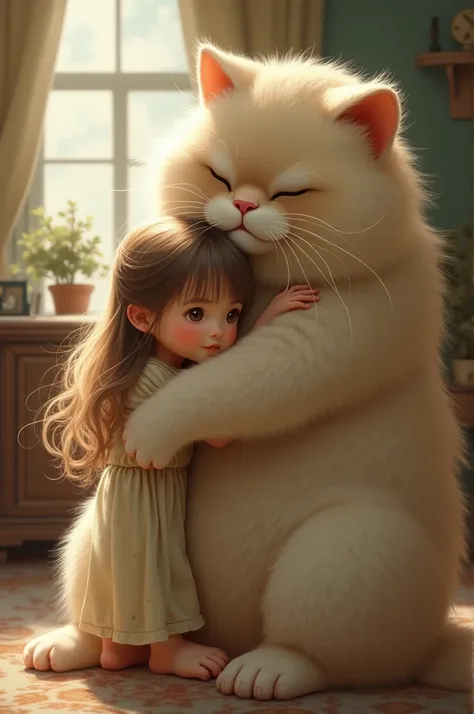 A girl holding a giant cat