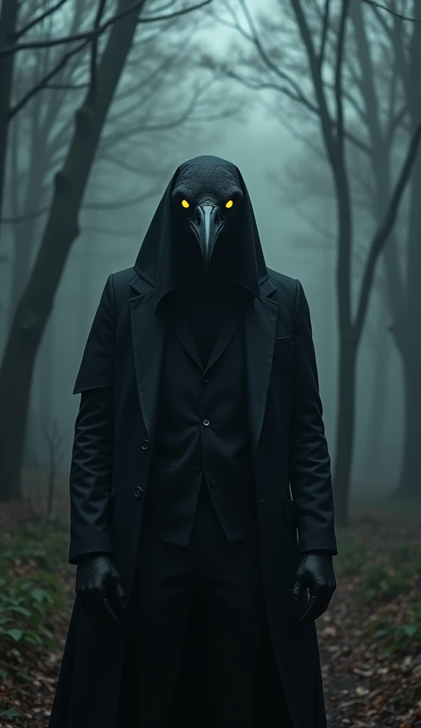 非常にリアルでCreepyなシーンで、 crow-headed person々 、Glowing Eyes、 Reach Out、  The surrounding forest is dense 、 in dark shadows  、 that person is in the middle of the dark , Misty Forest, and、 that person is looking at me with a sharp eye , Glowing yellow eyes  。 the...