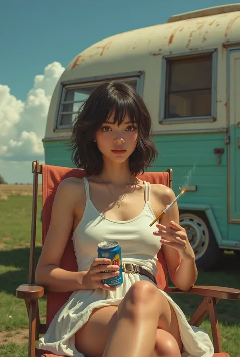  girl sitting in a lawn chair in front of a trailer, she is wearing a white tank top and a skirt, she is holding a can of soda and a cigarette 