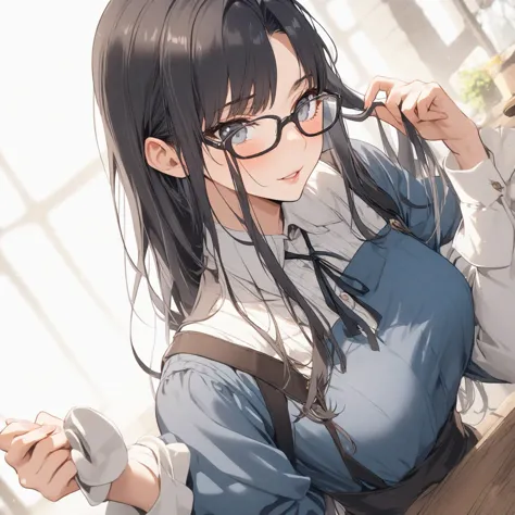 1 girl, black hair,long hair, glasses, medieval europe,waiter