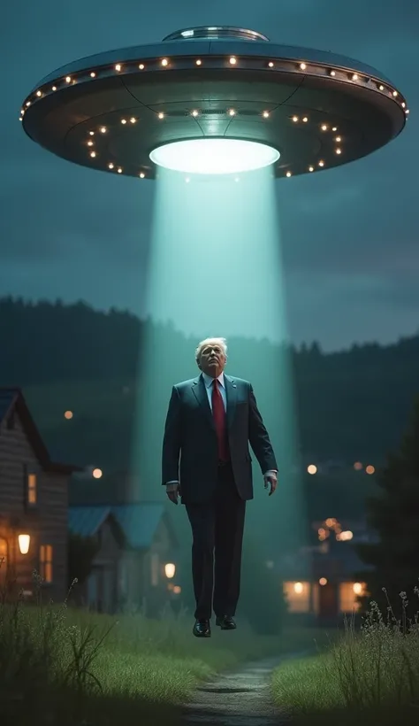  UFO raises Donld trump with a white ray, trump soars in zero gravity , Night, house, window, Village,  realistic,  Professional photo .