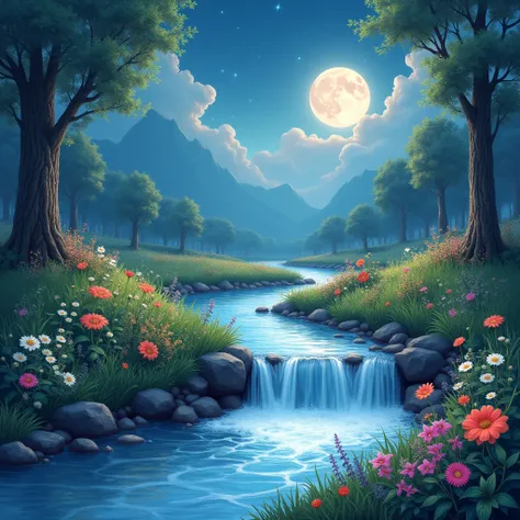 A small stream in the ground and white water in the stream and beautiful flowers above and beside the water the moon and stars in the sky light up the sky