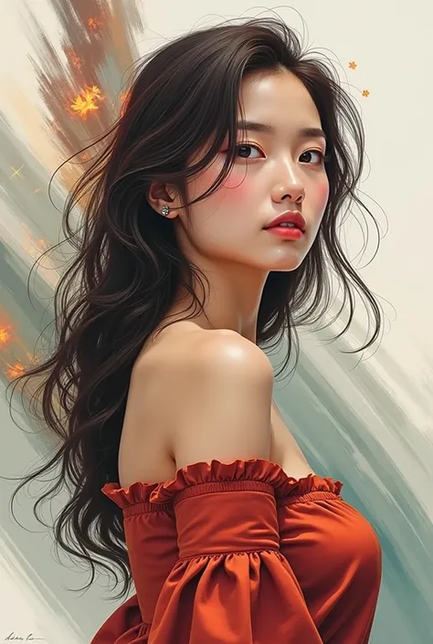 colour paint realistic portrait k, Female face image, full-screen face only. Looking ahead, the image is slightly turned sideways, there is a transparent, light, and faint colored cloth, the smoke reflex is bright and beautiful.