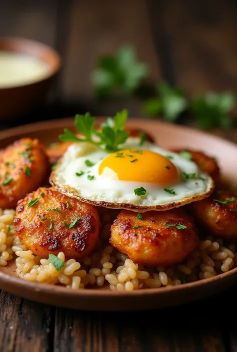 Do me a plating for my menu, it has a garlic butter pork bites, java rice and egg using a wooden plate